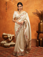 Ivory Cream Banarasi Silk Embroidered Saree with Multicolor Floral Border & Zari Weaving | Heavy Embroidered Blouse with Tassels | Wedding & Festive Wear Saree
