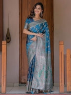 Royal Teal Blue Banarasi Silk Saree with Intricate Paisley Zari Weaving & Tassel Detailing