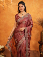 Wine Maroon Fendy Satin Embroidered Saree with Rich Floral Border & Tassels | Designer Saree with Heavy Embroidered Blouse