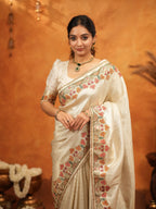 Ivory Cream Banarasi Silk Embroidered Saree with Multicolor Floral Border & Zari Weaving | Heavy Embroidered Blouse with Tassels | Wedding & Festive Wear Saree