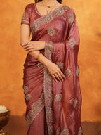 Wine Maroon Fendy Satin Embroidered Saree with Rich Floral Border & Tassels | Designer Saree with Heavy Embroidered Blouse