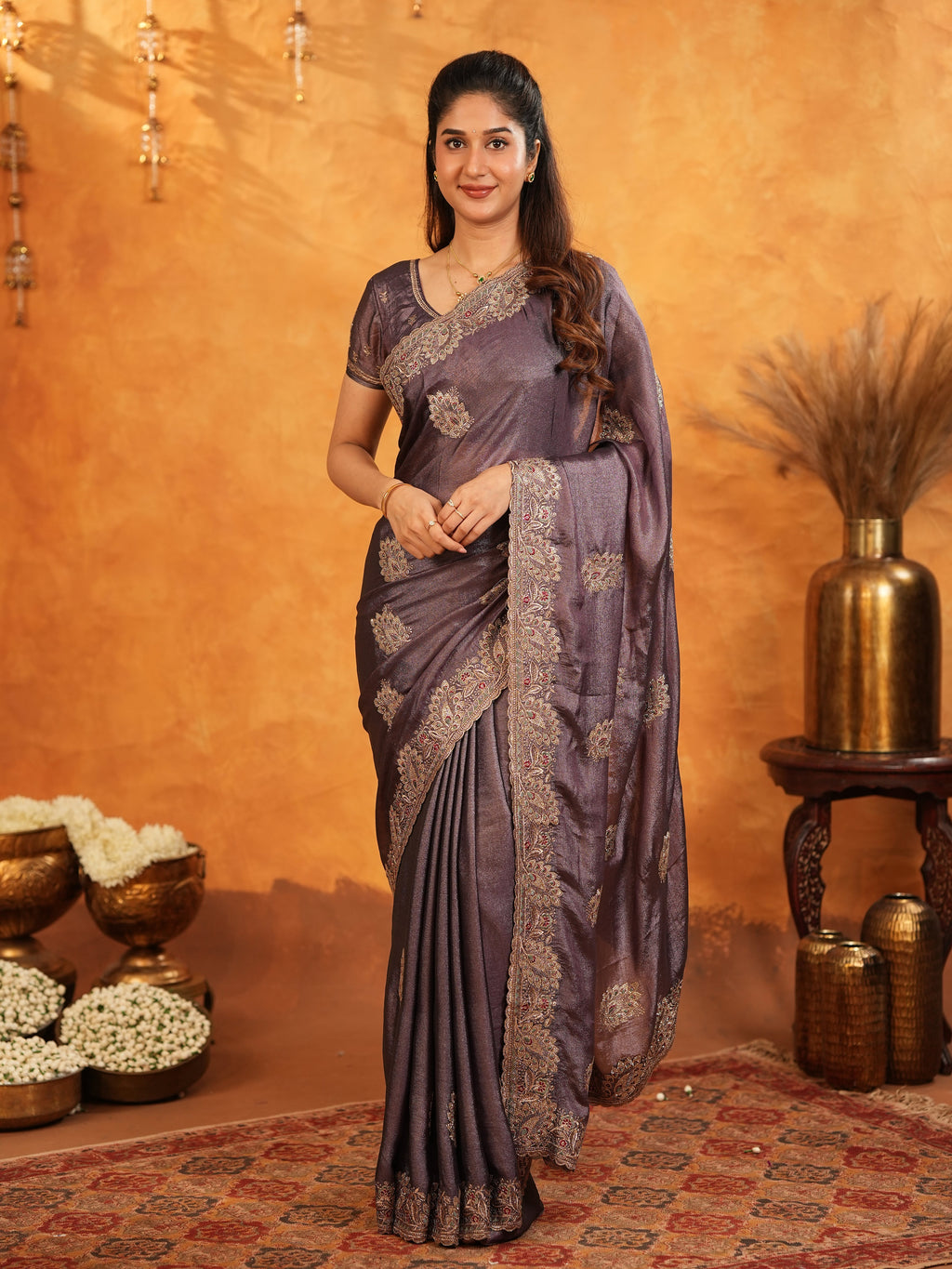 Coffee Brown Fendy Satin Embroidered Saree with Rich Floral Border & Tassels | Designer Saree with Heavy Embroidered Blouse