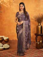 Coffee Brown Fendy Satin Embroidered Saree with Rich Floral Border & Tassels | Designer Saree with Heavy Embroidered Blouse