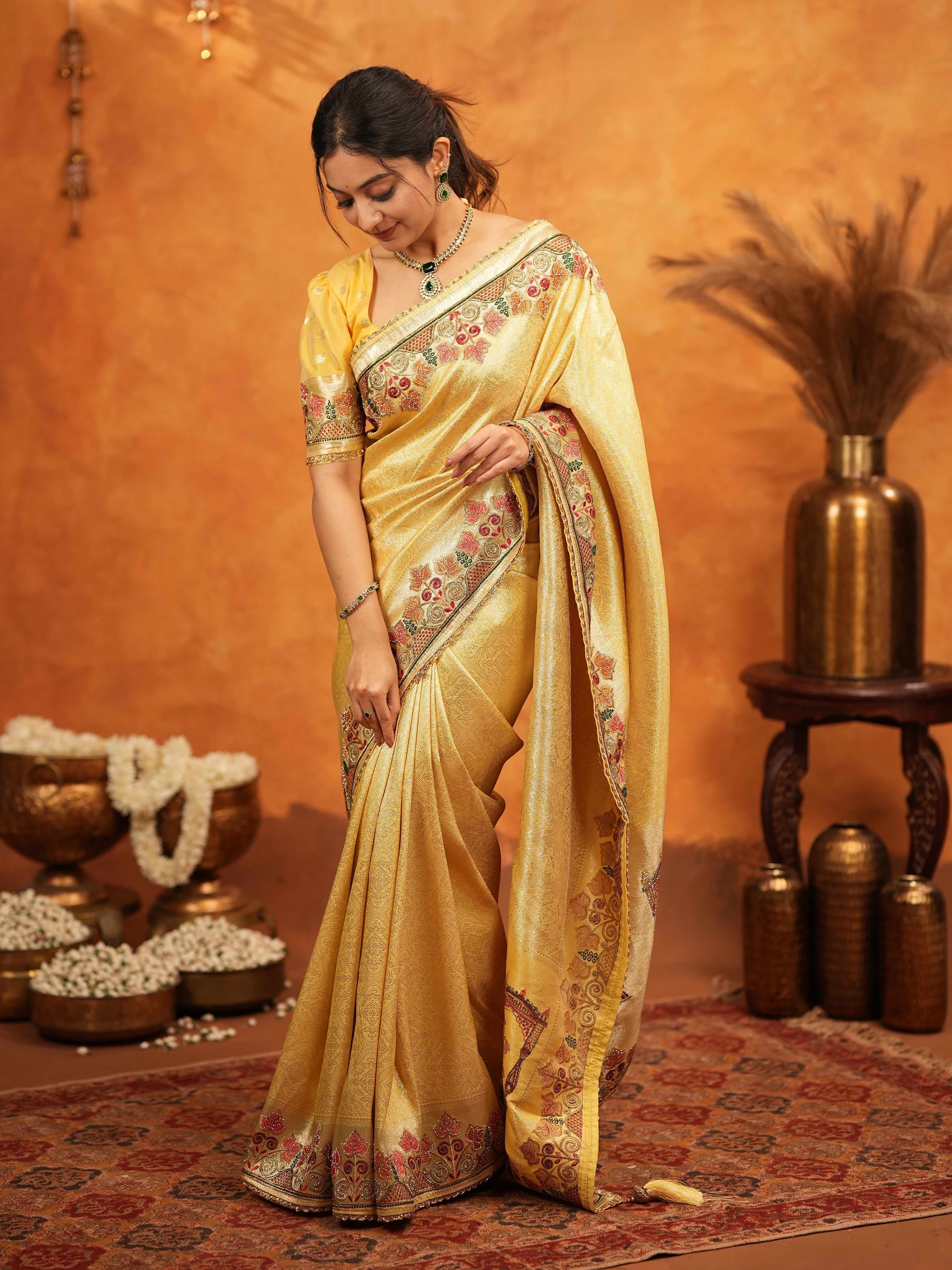 Sunshine Yellow Banarasi Silk Embroidered Saree with Multicolor Floral Border & Zari Weaving | Heavy Embroidered Blouse with Tassels | Wedding & Festive Wear Saree