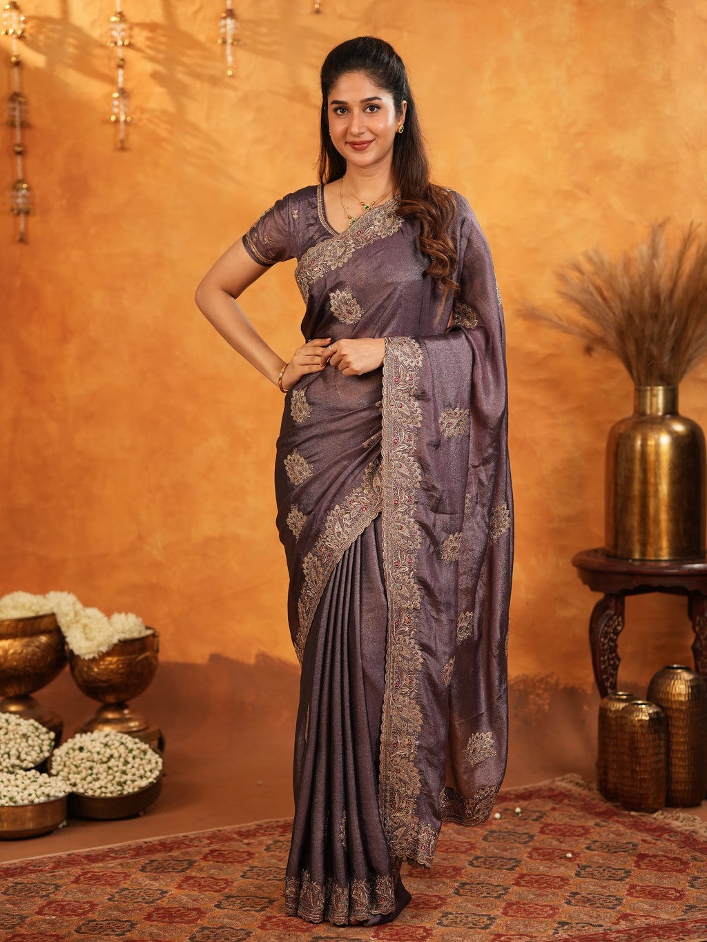 Coffee Brown Fendy Satin Embroidered Saree with Rich Floral Border & Tassels | Designer Saree with Heavy Embroidered Blouse