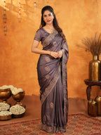 Coffee Brown Fendy Satin Embroidered Saree with Rich Floral Border & Tassels | Designer Saree with Heavy Embroidered Blouse