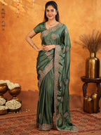 Bottle Green Fendy Satin Embroidered Saree with Intricate Floral Border & Tassels | Designer Saree with Heavy Embroidered Blouse