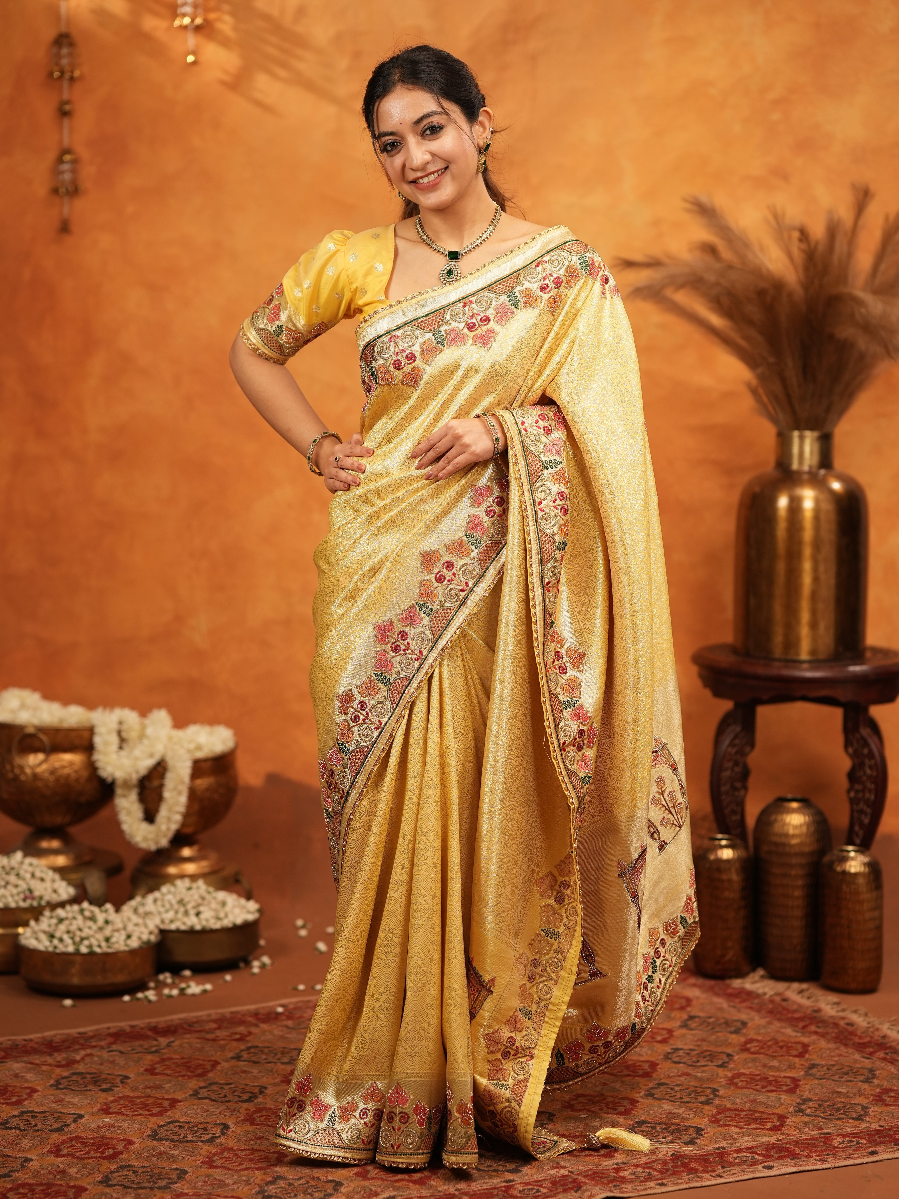 Sunshine Yellow Banarasi Silk Embroidered Saree with Multicolor Floral Border & Zari Weaving | Heavy Embroidered Blouse with Tassels | Wedding & Festive Wear Saree
