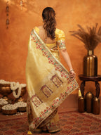Sunshine Yellow Banarasi Silk Embroidered Saree with Multicolor Floral Border & Zari Weaving | Heavy Embroidered Blouse with Tassels | Wedding & Festive Wear Saree