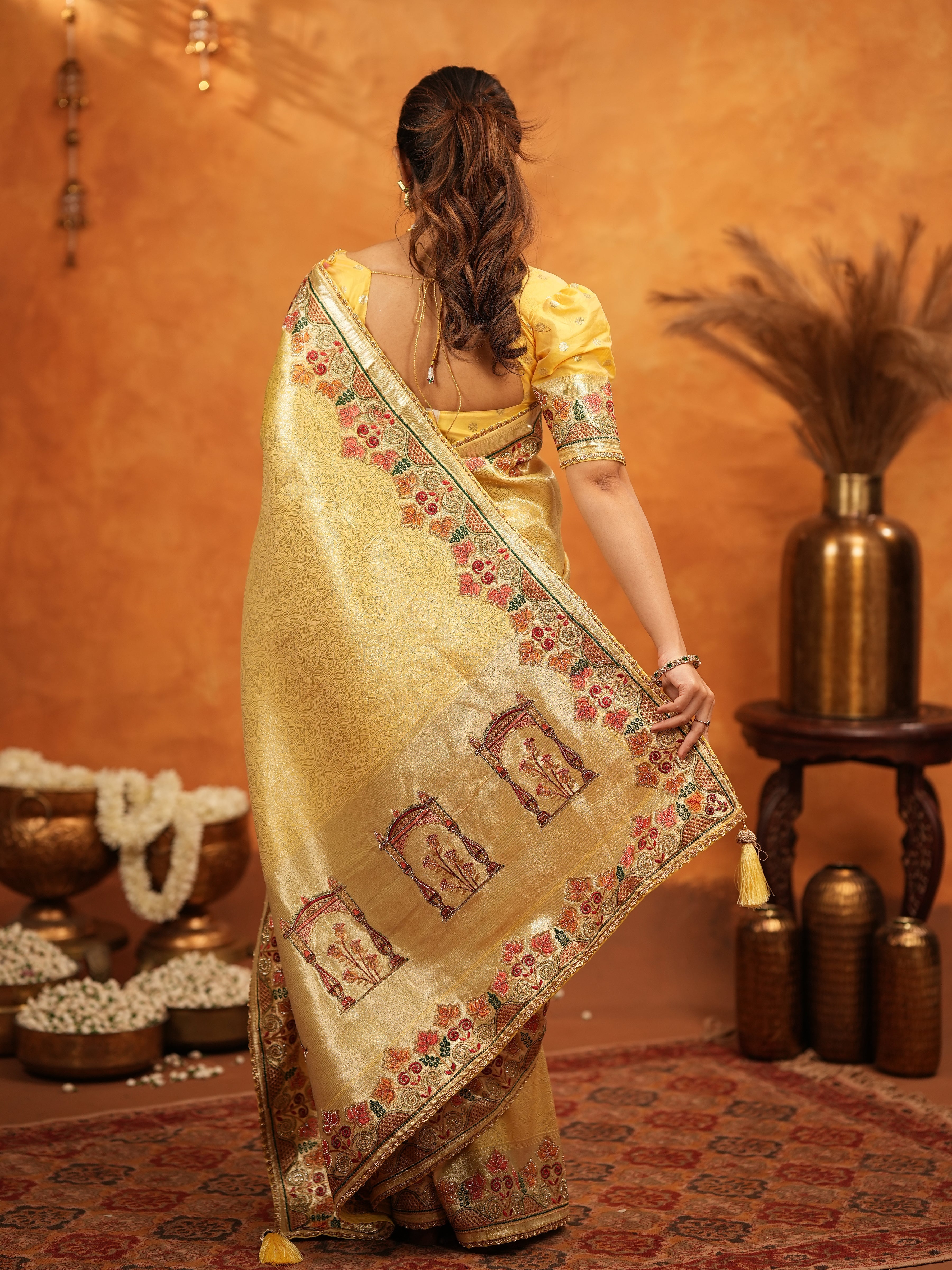 Sunshine Yellow Banarasi Silk Embroidered Saree with Multicolor Floral Border & Zari Weaving | Heavy Embroidered Blouse with Tassels | Wedding & Festive Wear Saree