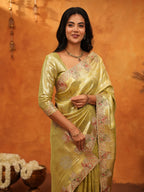 Elegant Olive Gold Banarasi Silk Saree with Floral Embroidered Border & Zari Weaving | Premium Festive Wedding Wear Saree