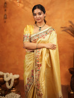 Sunshine Yellow Banarasi Silk Embroidered Saree with Multicolor Floral Border & Zari Weaving | Heavy Embroidered Blouse with Tassels | Wedding & Festive Wear Saree