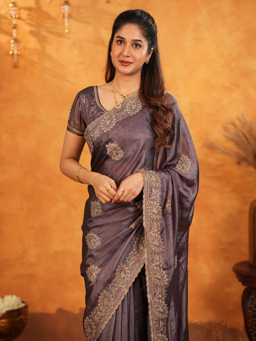 Coffee Brown Fendy Satin Embroidered Saree with Rich Floral Border & Tassels | Designer Saree with Heavy Embroidered Blouse