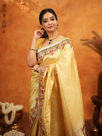 Sunshine Yellow Banarasi Silk Embroidered Saree with Multicolor Floral Border & Zari Weaving | Heavy Embroidered Blouse with Tassels | Wedding & Festive Wear Saree