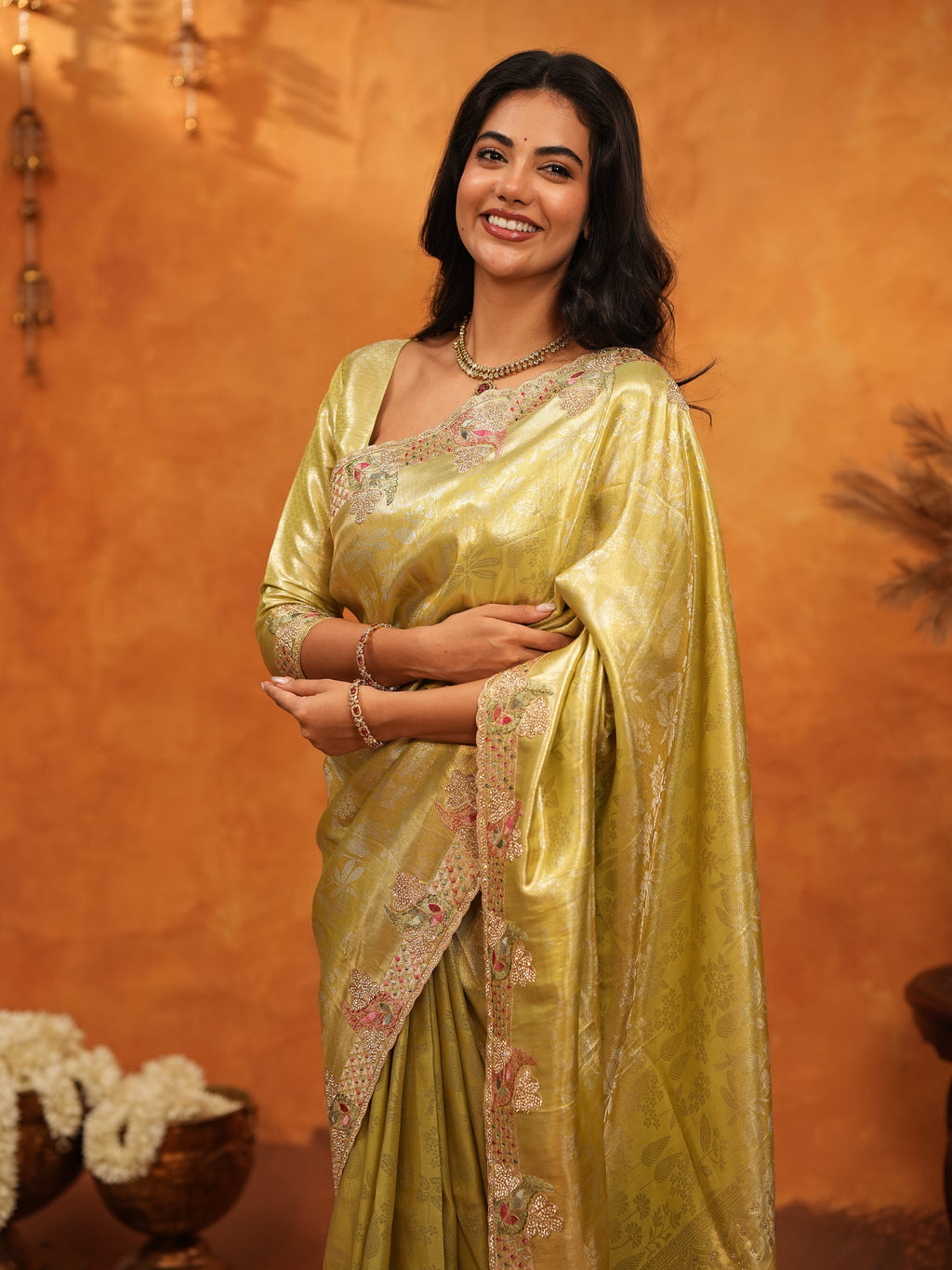 Elegant Olive Gold Banarasi Silk Saree with Floral Embroidered Border & Zari Weaving | Premium Festive Wedding Wear Saree