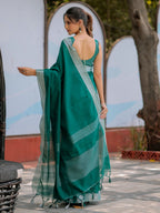 Elegant Emerald Green Pure Handloom Cotton Saree with Silver Border & Tassel Detailing