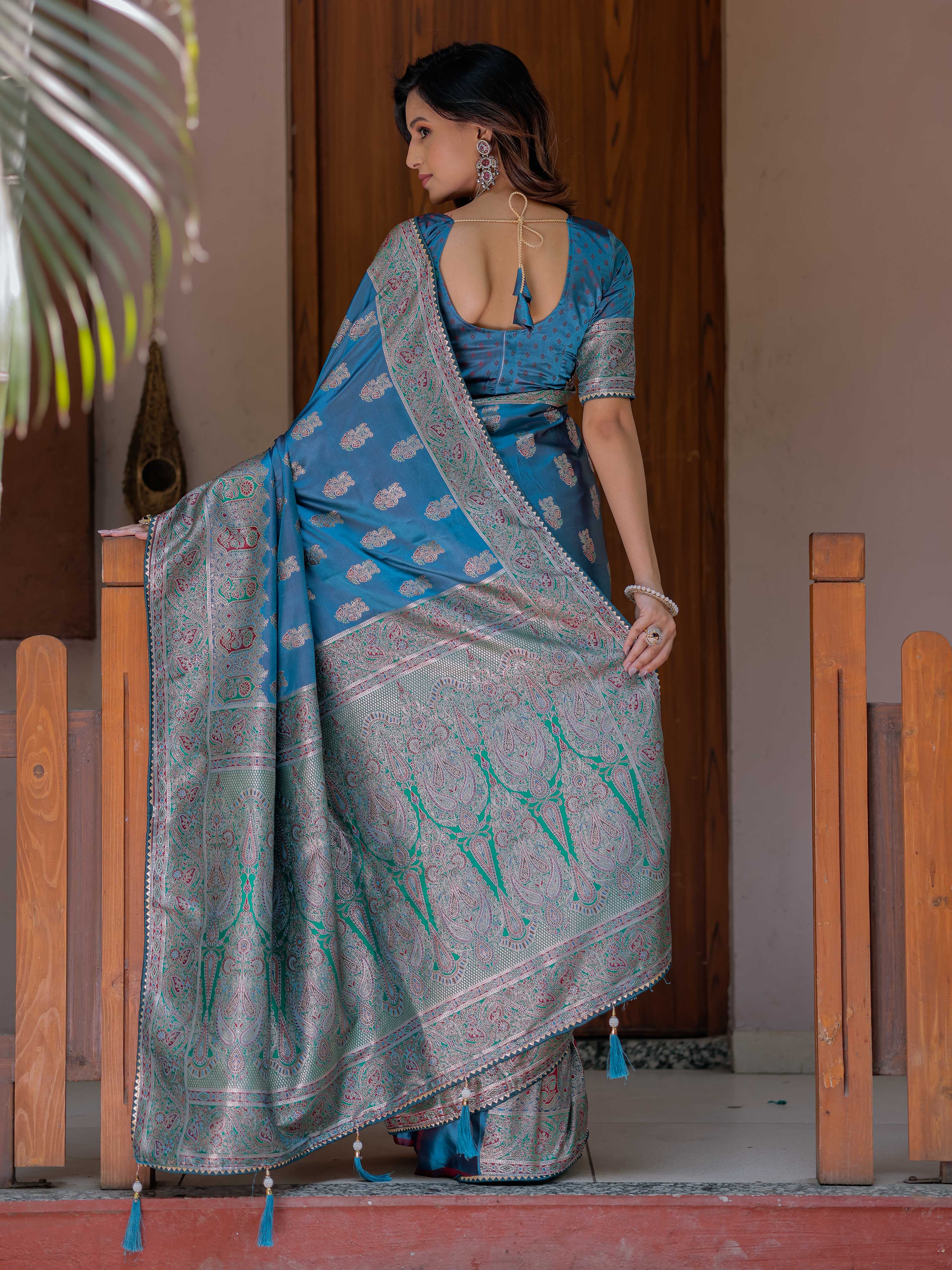Royal Teal Blue Banarasi Silk Saree with Intricate Paisley Zari Weaving & Tassel Detailing