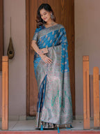 Royal Teal Blue Banarasi Silk Saree with Intricate Paisley Zari Weaving & Tassel Detailing