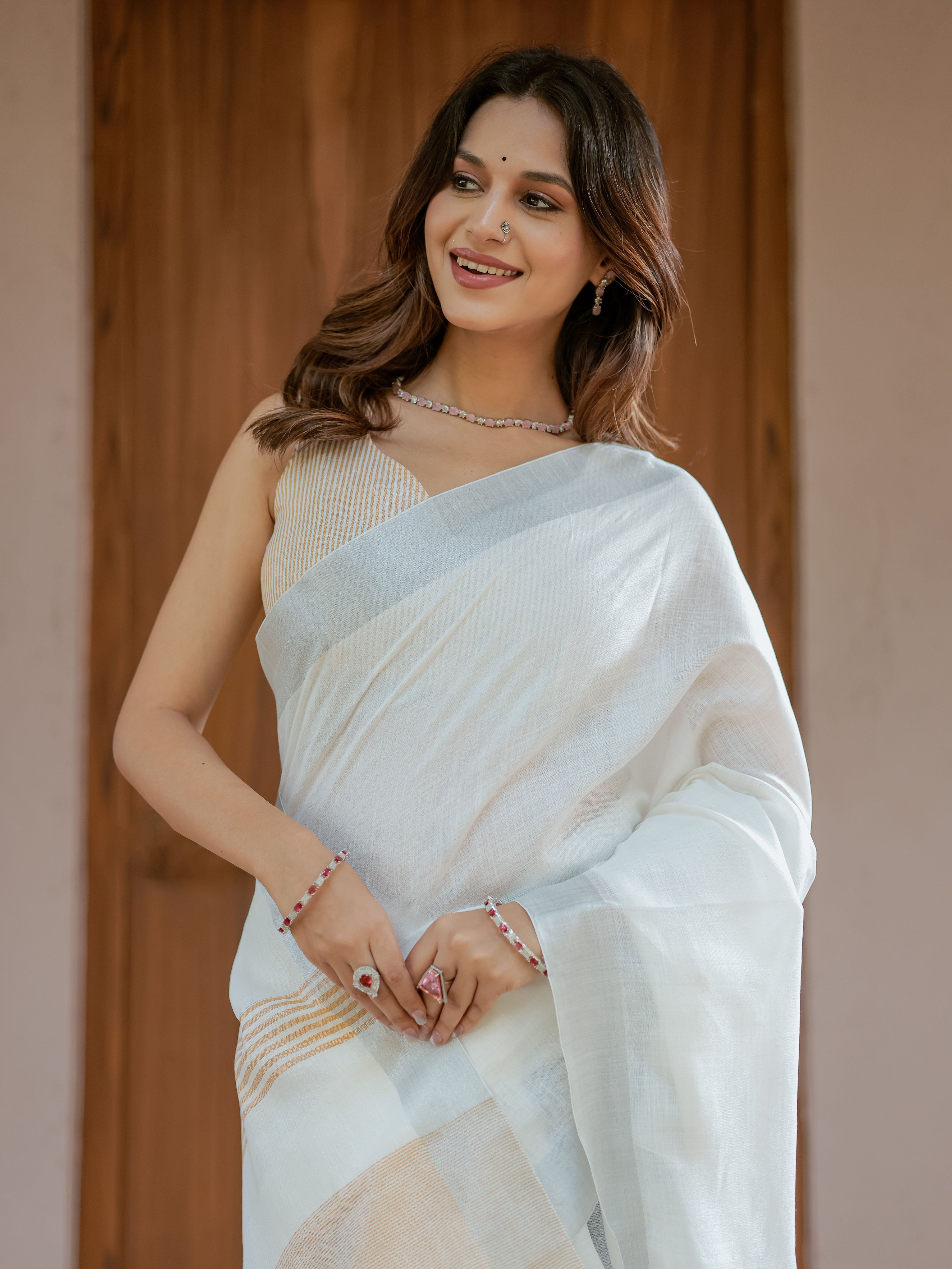 Pure White & Mustard Gold Handloom Cotton Saree with Minimal Striped Border & Tassel Detailing