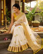 Onam Special White Mul Cotton Saree with Golden Zari Border & Tassels | Traditional Kerala Kasavu Style Saree with Running Blouse