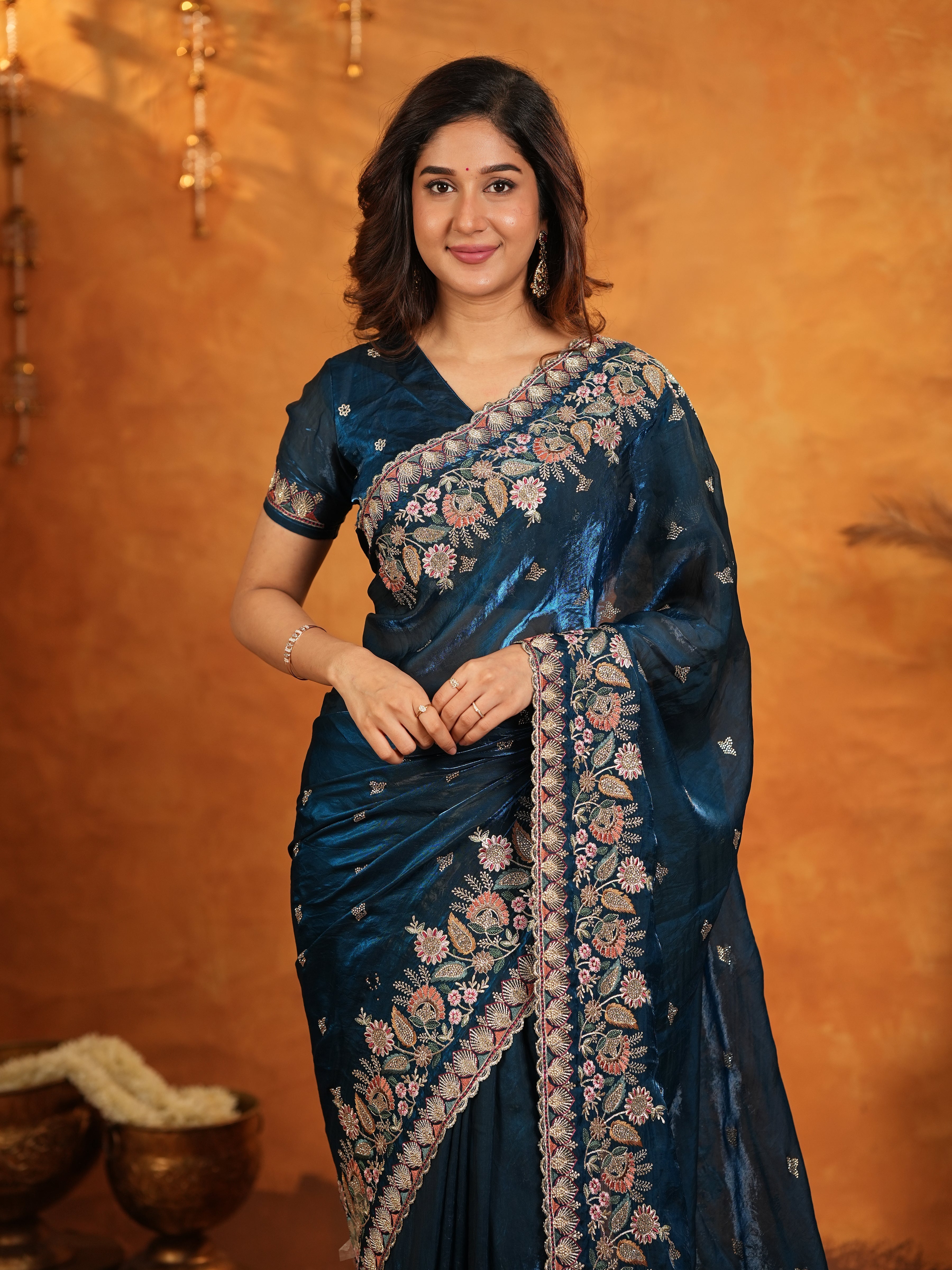 Royal Navy Blue Fendy Satin Embroidered Saree with Heavy Floral Border & Tassels | Designer Saree with Rich Embroidered Blouse