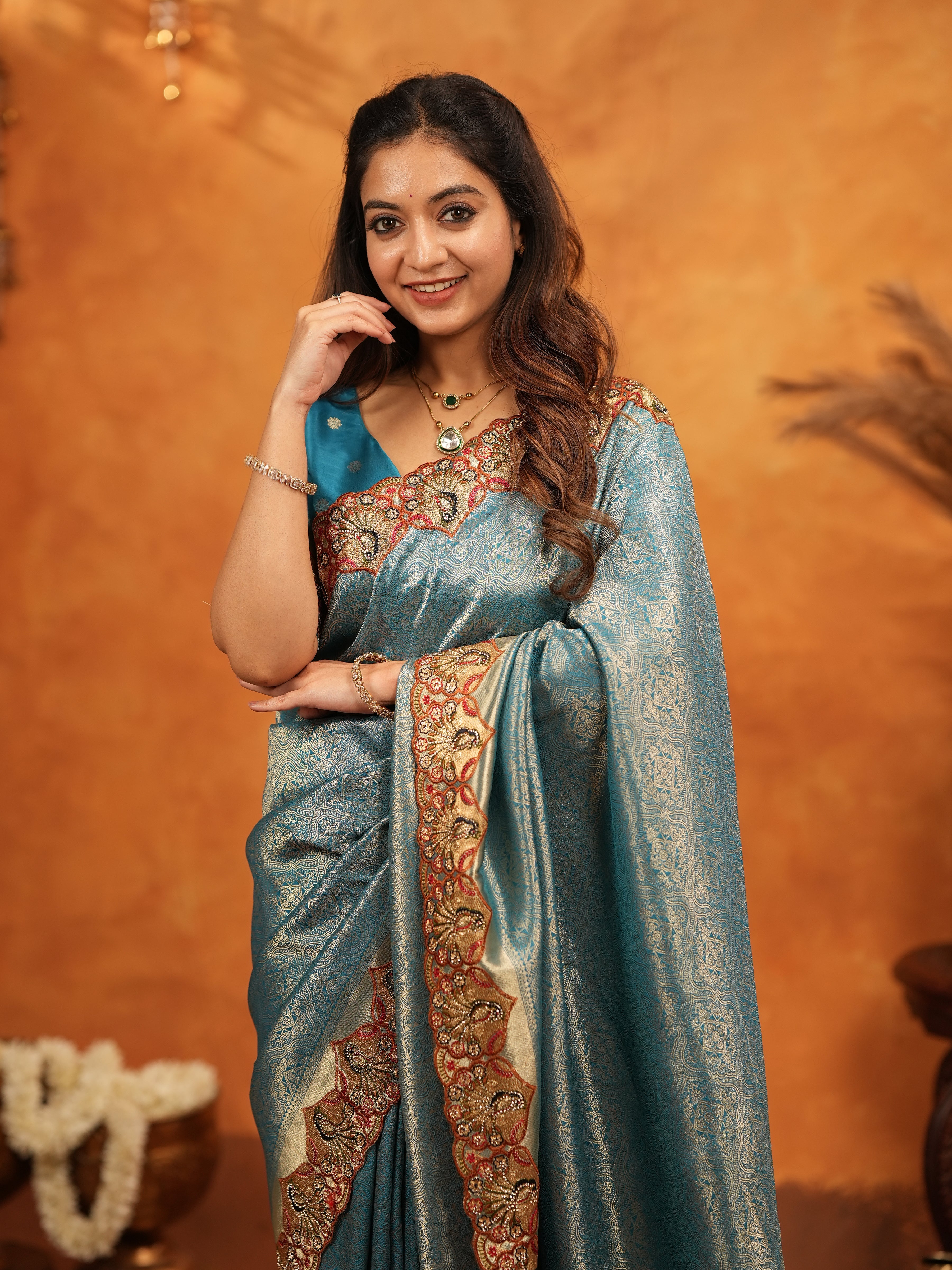 Teal Blue Banarasi Silk Saree with Intricate Zari Weaving & Heavy Embroidered Border | Designer Festive Wedding Wear Saree with Blouse & Tassels