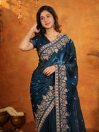 Royal Navy Blue Fendy Satin Embroidered Saree with Heavy Floral Border & Tassels | Designer Saree with Rich Embroidered Blouse