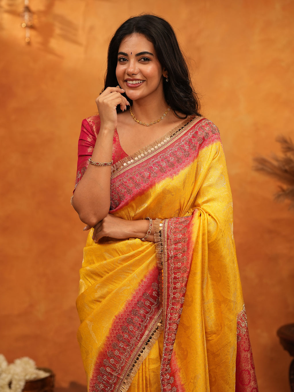 Vibrant Yellow Banarasi Silk Saree with Red Contrast Zari Border & Rich Woven Pallu | Designer Festive & Wedding Wear Saree