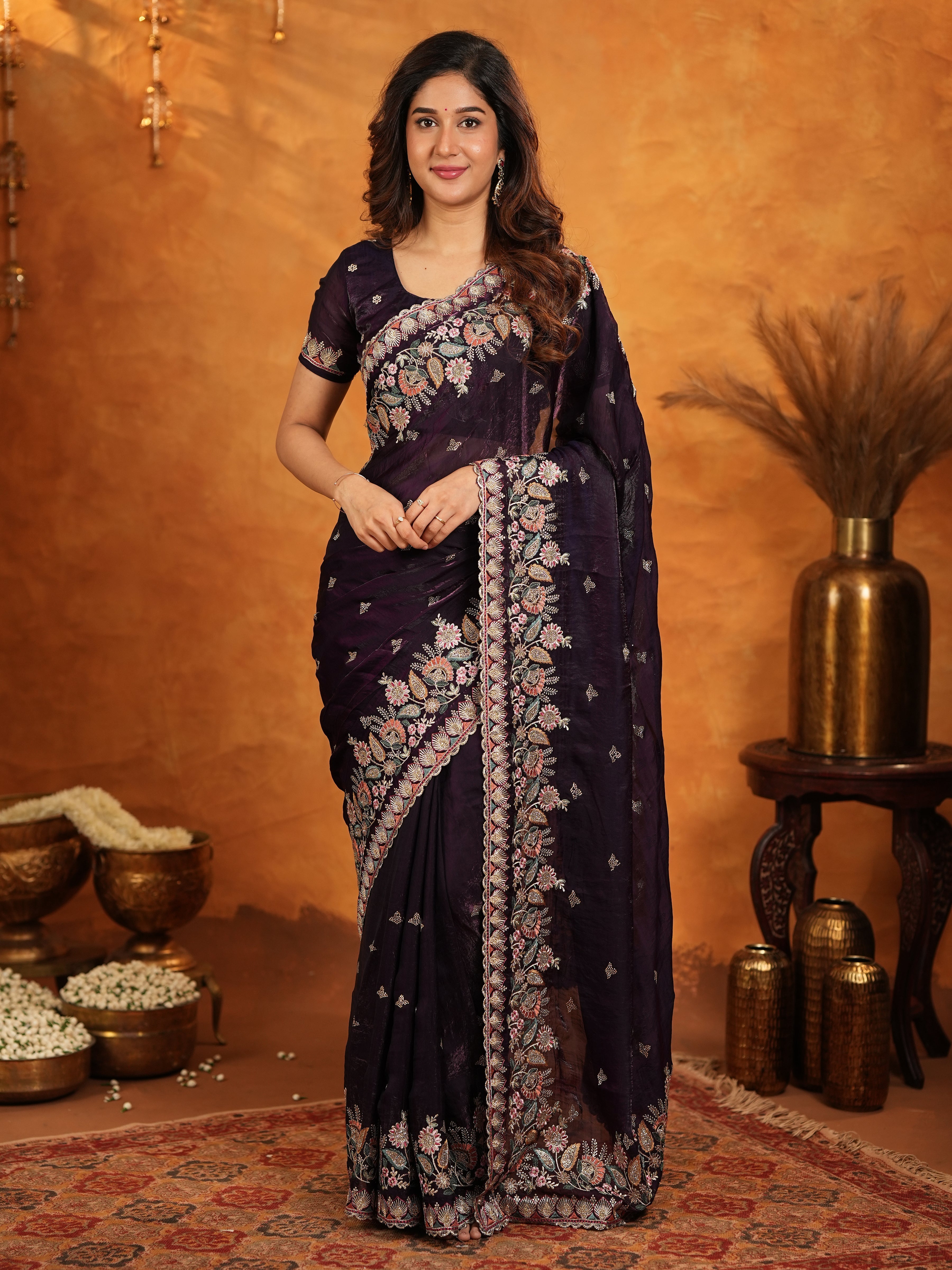 Deep Wine Purple Fendy Satin Embroidered Saree with Floral Border & Designer Pallu | Party Wear Saree with Heavy Embroidered Blouse