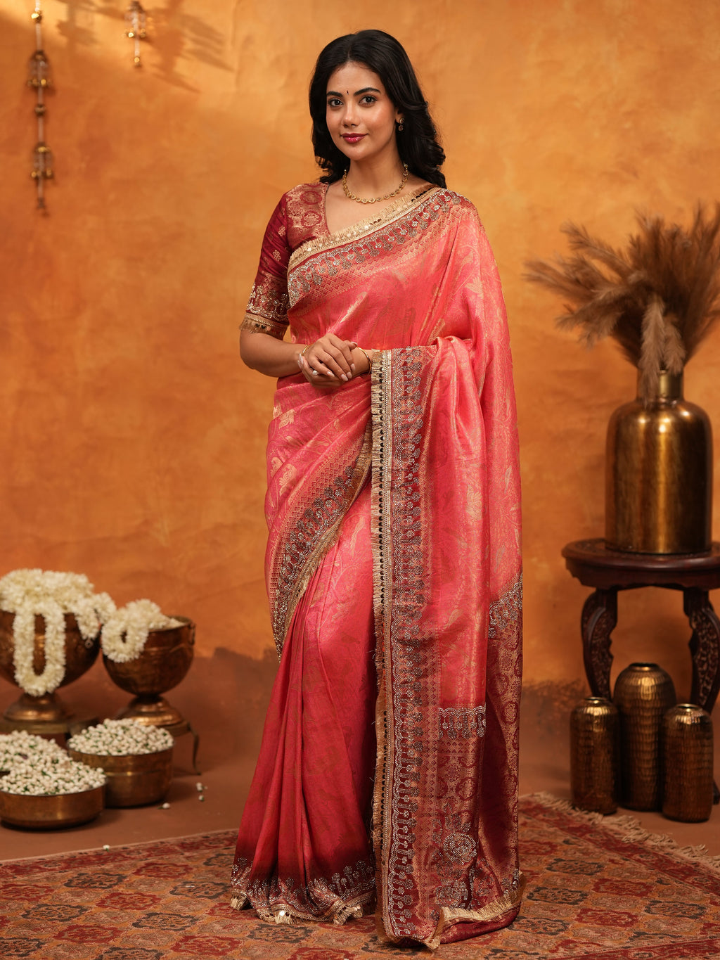 Graceful Coral Pink Banarasi Silk Saree with Rich Zari Border & Contrast Blouse | Designer Wedding & Festive Wear Saree