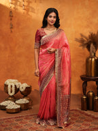 Graceful Coral Pink Banarasi Silk Saree with Rich Zari Border & Contrast Blouse | Designer Wedding & Festive Wear Saree