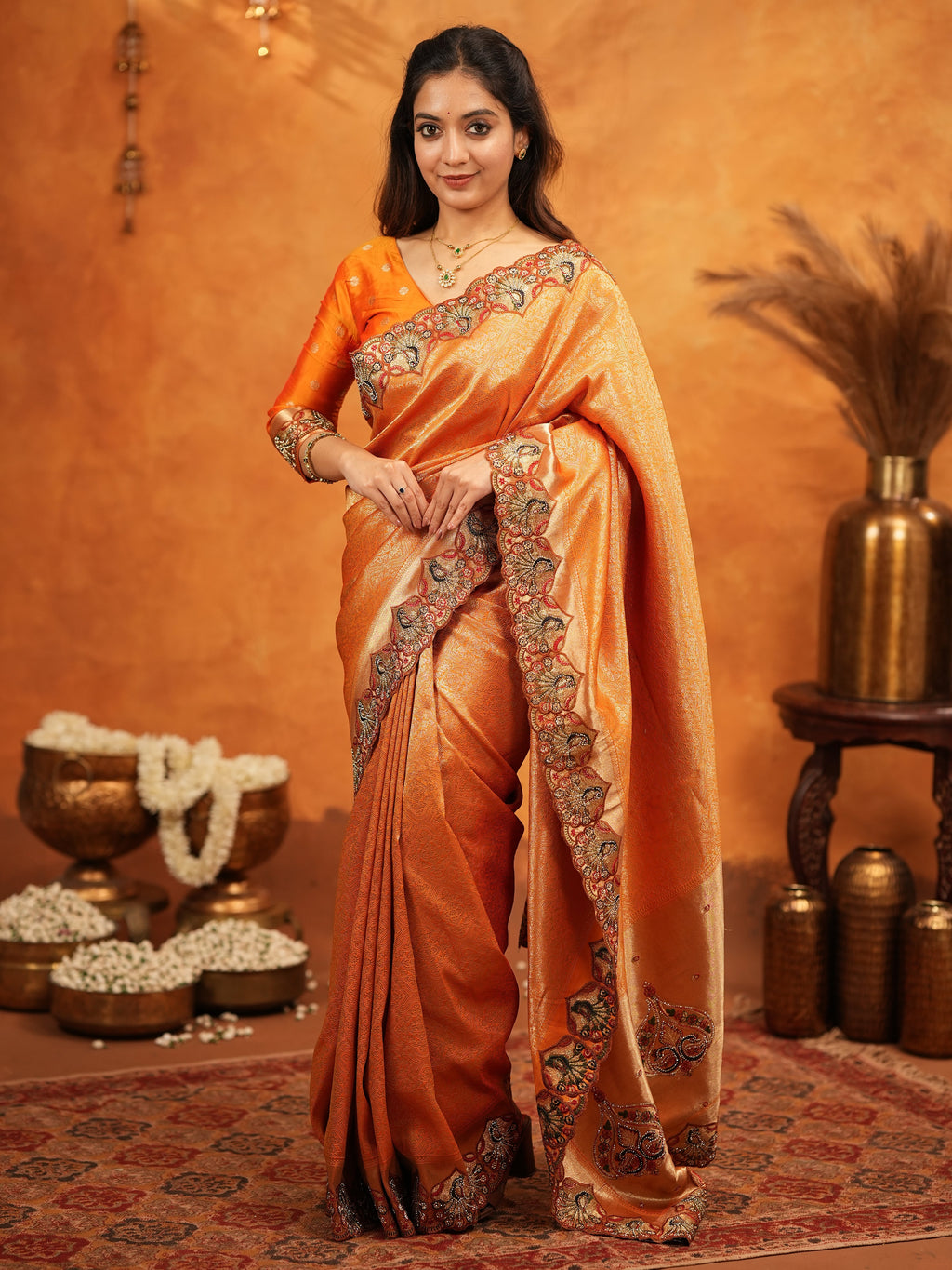 Rust Orange Banarasi Silk Embroidered Saree with Royal Floral Border & Zari Weaving | Heavy Embroidered Blouse with Tassels | Wedding & Festive Wear Saree