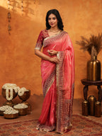Graceful Coral Pink Banarasi Silk Saree with Rich Zari Border & Contrast Blouse | Designer Wedding & Festive Wear Saree