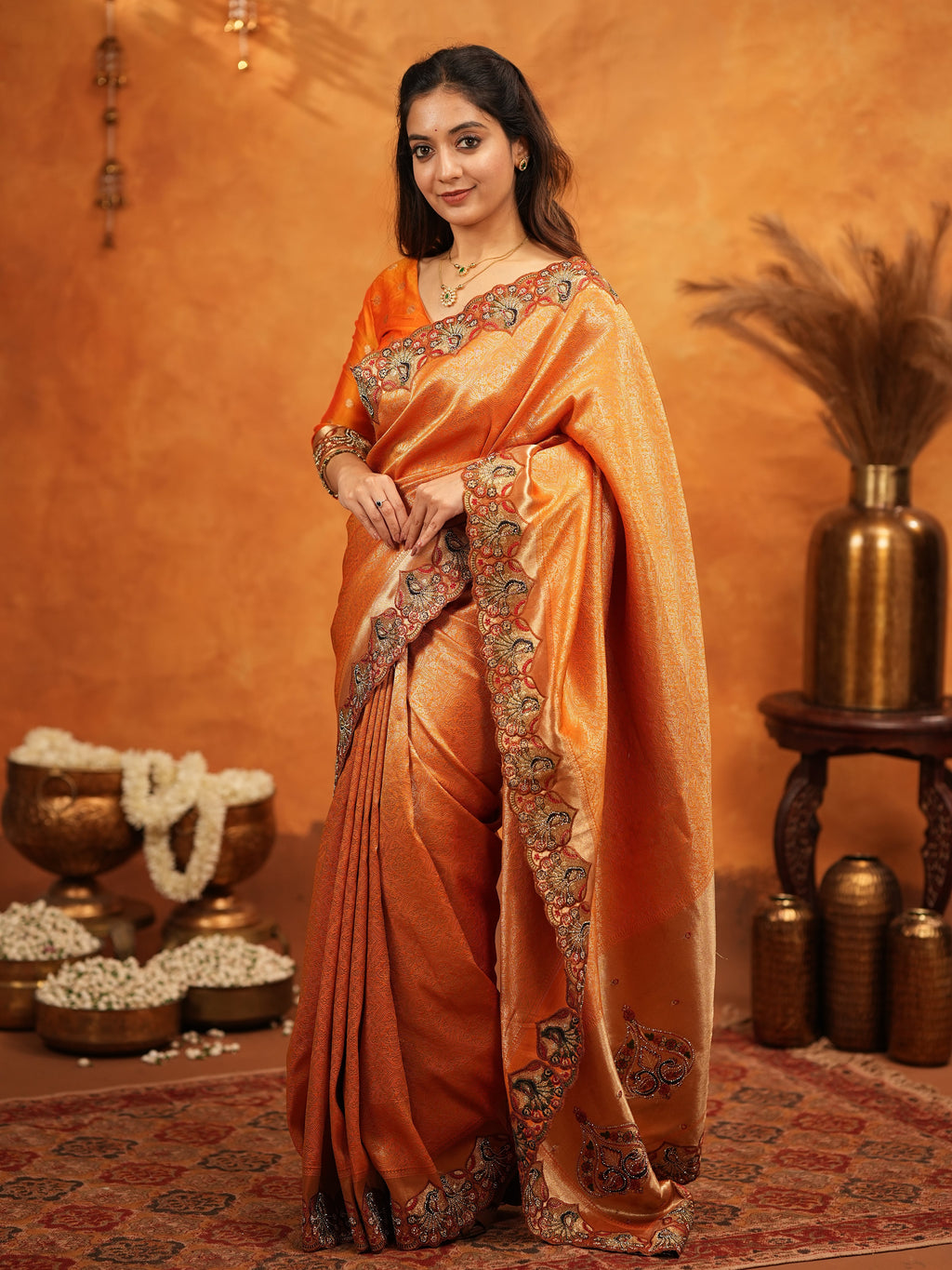 Rust Orange Banarasi Silk Embroidered Saree with Royal Floral Border & Zari Weaving | Heavy Embroidered Blouse with Tassels | Wedding & Festive Wear Saree