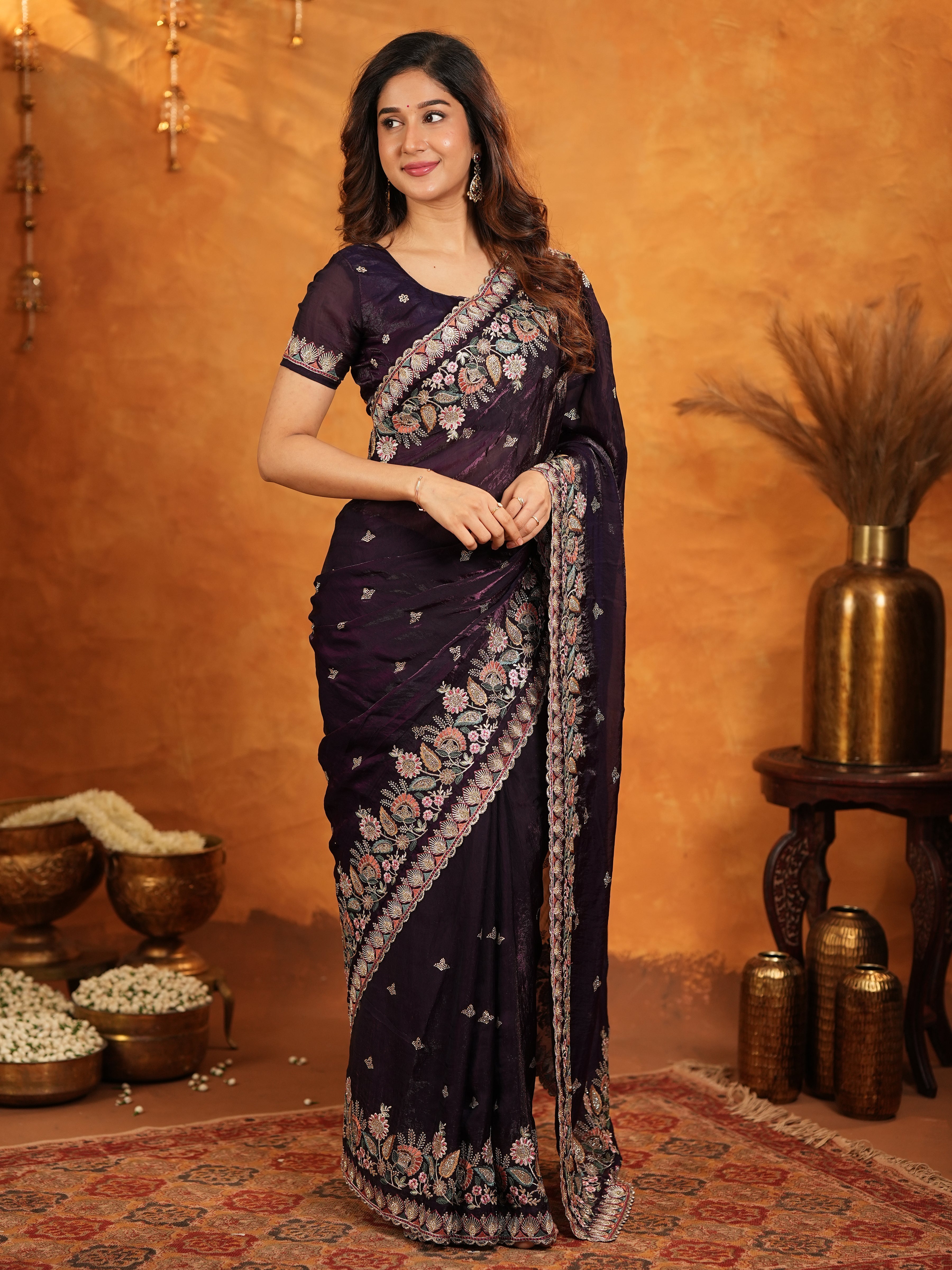 Deep Wine Purple Fendy Satin Embroidered Saree with Floral Border & Designer Pallu | Party Wear Saree with Heavy Embroidered Blouse