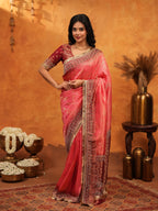 Graceful Coral Pink Banarasi Silk Saree with Rich Zari Border & Contrast Blouse | Designer Wedding & Festive Wear Saree