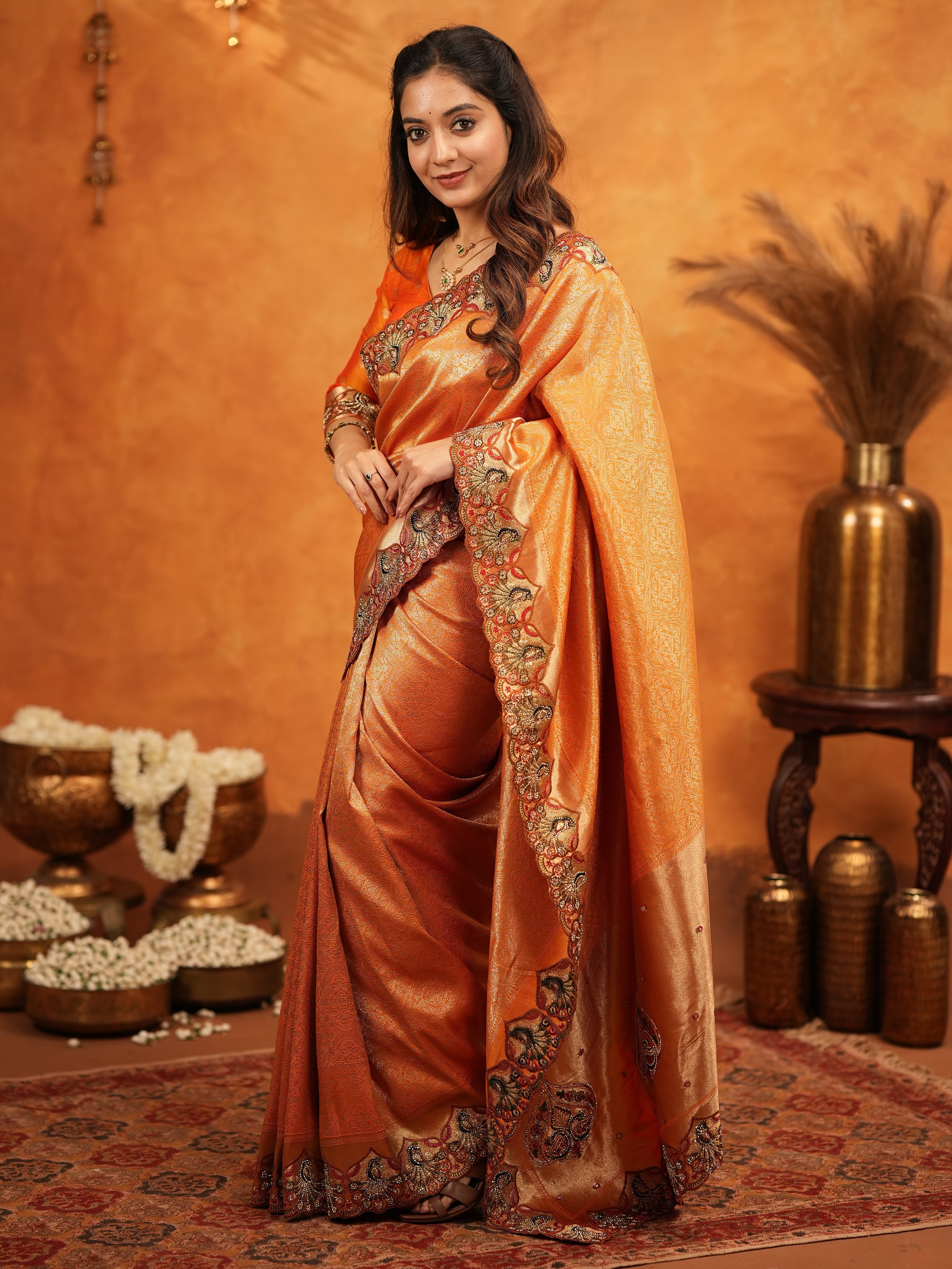 Rust Orange Banarasi Silk Embroidered Saree with Royal Floral Border & Zari Weaving | Heavy Embroidered Blouse with Tassels | Wedding & Festive Wear Saree
