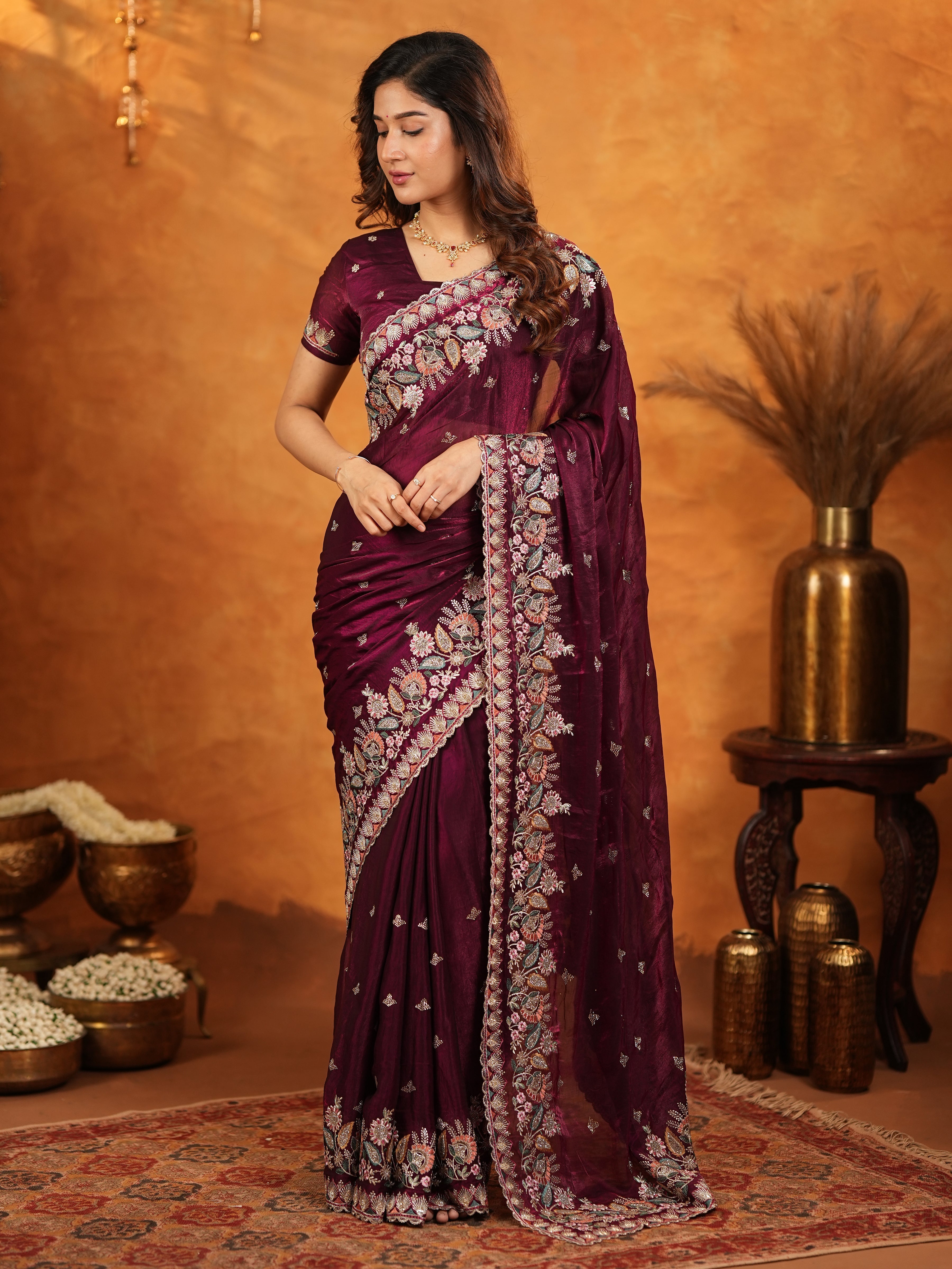 Deep Wine Purple Fendy Satin Embroidered Saree with Heavy Floral Border & Tassels | Designer Saree with Rich Embroidered Blouse