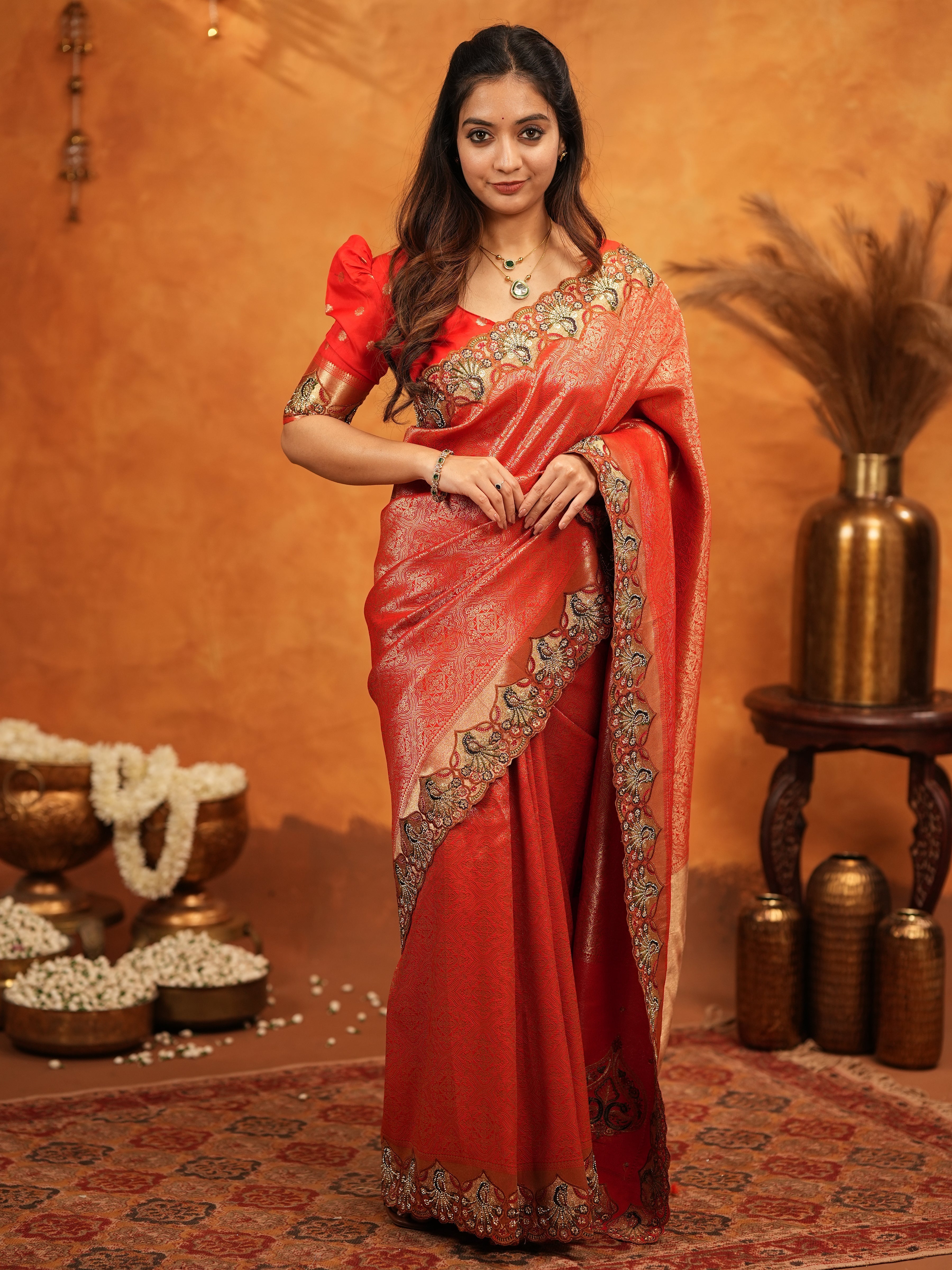Classic Red Banarasi Silk Saree with Rich Zari Weaving & Heavy Embroidered Border | Designer Wedding Wear Saree with Blouse & Tassels