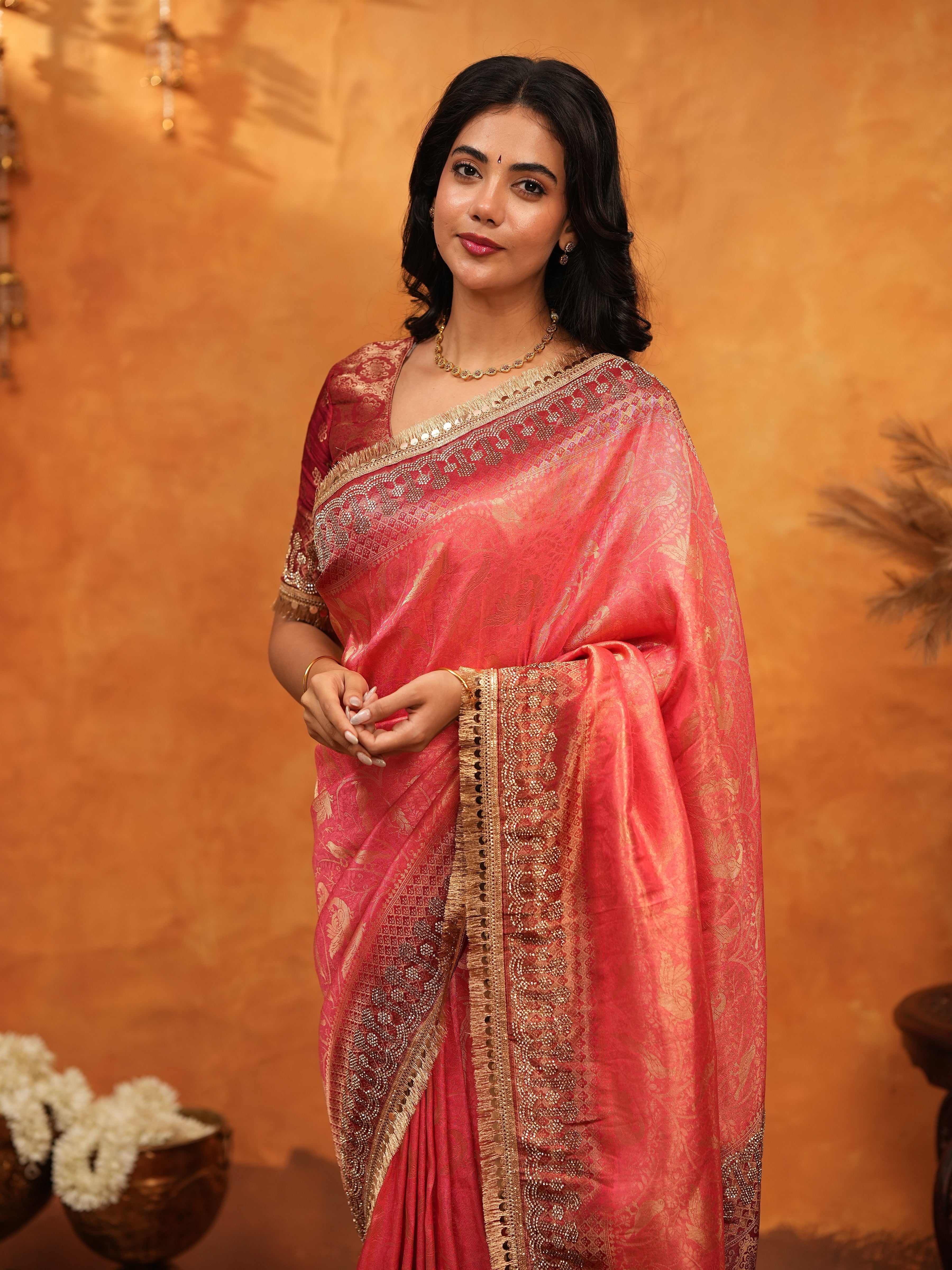 Graceful Coral Pink Banarasi Silk Saree with Rich Zari Border & Contrast Blouse | Designer Wedding & Festive Wear Saree