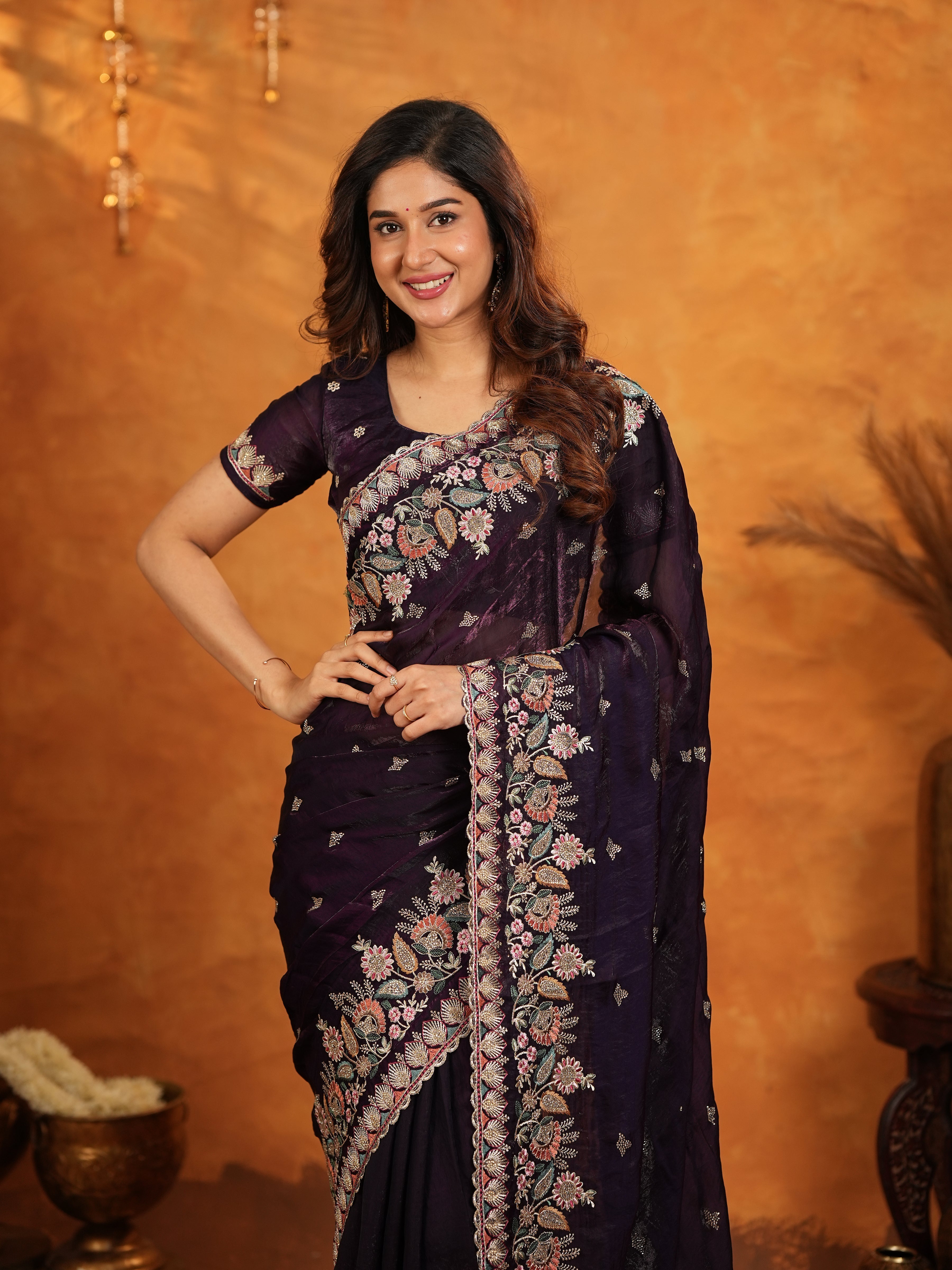 Deep Wine Purple Fendy Satin Embroidered Saree with Floral Border & Designer Pallu | Party Wear Saree with Heavy Embroidered Blouse