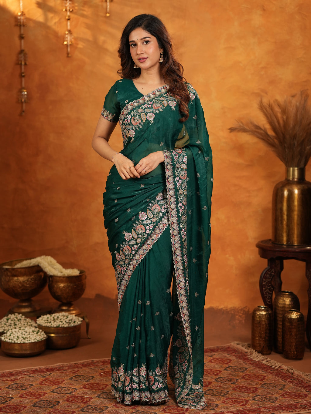 Emerald Green Fendy Satin Embroidered Saree with Heavy Floral Border & Tassels | Designer Saree with Rich Embroidered Blouse