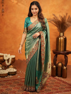 Teal Green Banarasi Silk Embroidered Saree with Royal Paisley Border & Zari Weaving | Heavy Embroidered Blouse with Tassels | Wedding & Festive Wear Saree