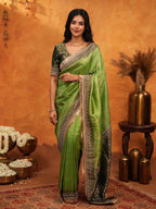 Elegant Parrot Green Banarasi Silk Saree with Rich Zari Border & Contrast Blouse | Designer Wedding & Festive Wear Saree