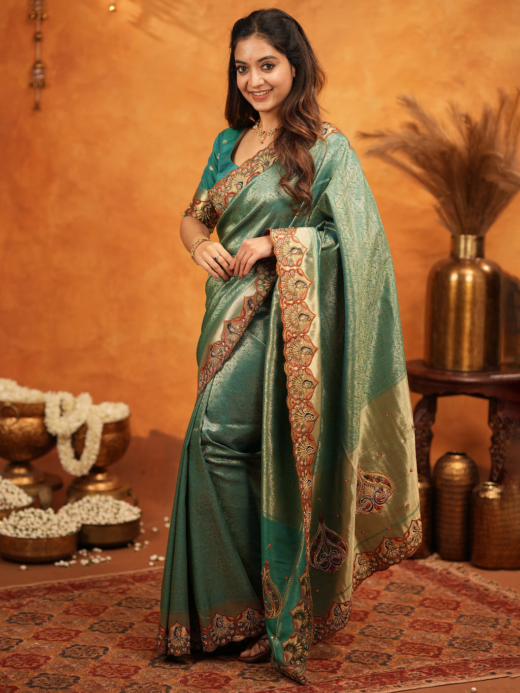 Teal Green Banarasi Silk Embroidered Saree with Royal Paisley Border & Zari Weaving | Heavy Embroidered Blouse with Tassels | Wedding & Festive Wear Saree