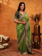 Elegant Parrot Green Banarasi Silk Saree with Rich Zari Border & Contrast Blouse | Designer Wedding & Festive Wear Saree