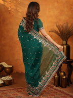 Emerald Green Fendy Satin Embroidered Saree with Heavy Floral Border & Tassels | Designer Saree with Rich Embroidered Blouse