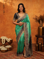 Elegant Teal Green Banarasi Silk Saree with Black Zari Border & Rich Woven Pallu | Designer Festive & Wedding Wear Saree