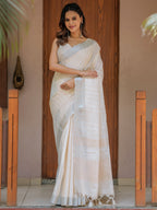 Ivory Cream Pure Handloom Cotton Saree with Golden Striped Weaving & Tassel Detailing