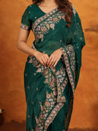 Emerald Green Fendy Satin Embroidered Saree with Heavy Floral Border & Tassels | Designer Saree with Rich Embroidered Blouse